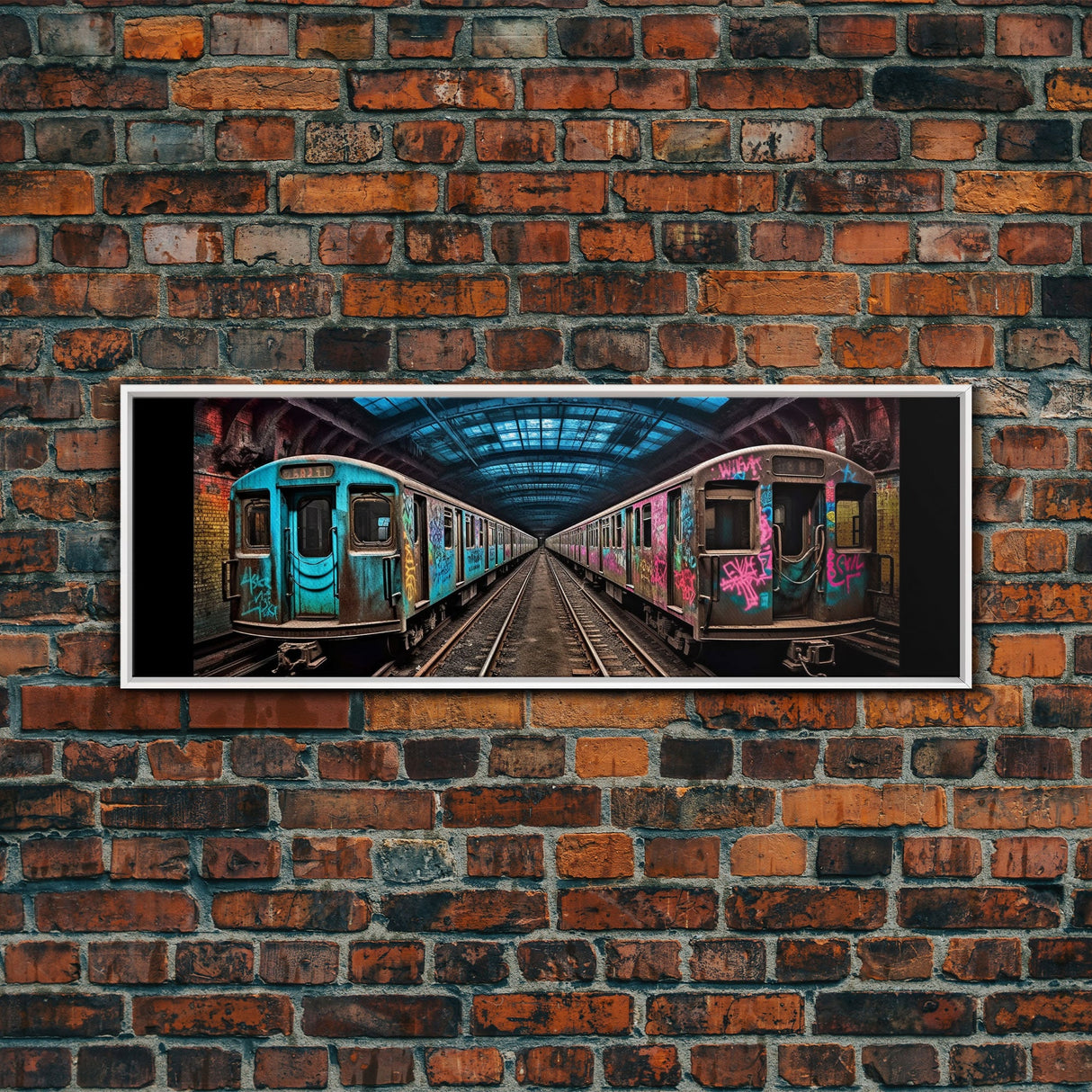 Urban Art Print, Graffiti On Abandoned Subway Train, Teal And Pink, Wall Decor, Large Framed Canvas Print, Panoramic, Wall Art, Canvas Print