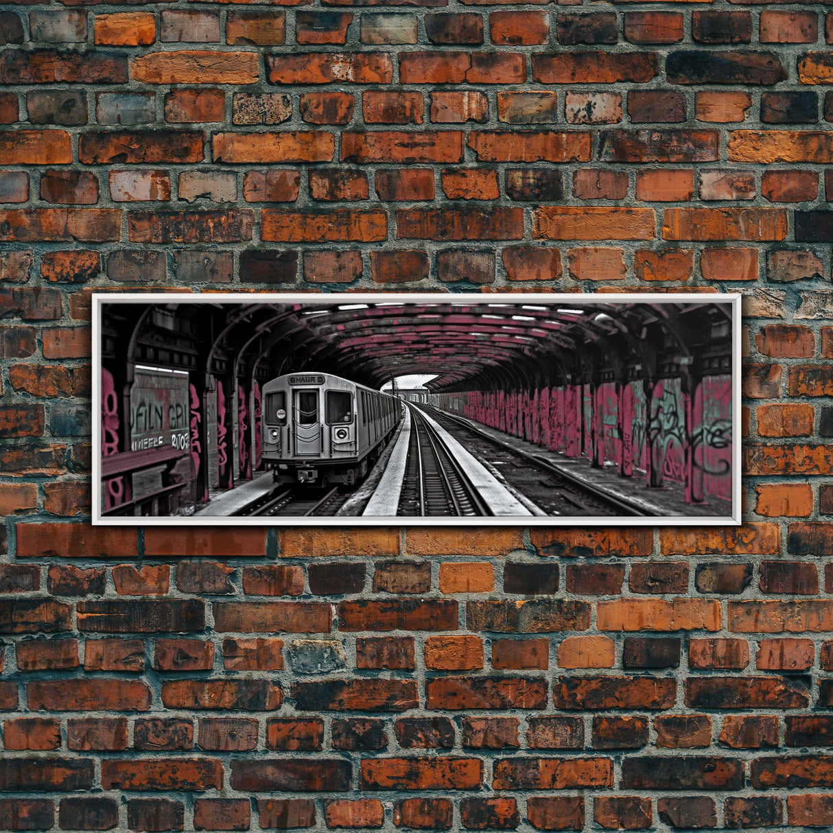 Pink Graffiti On Subway Train, Urban Art, Urban Canvas Art, Graffiti Art Canvas, Framed Canvas Print, Panoramic, Wall Art, Canvas Print