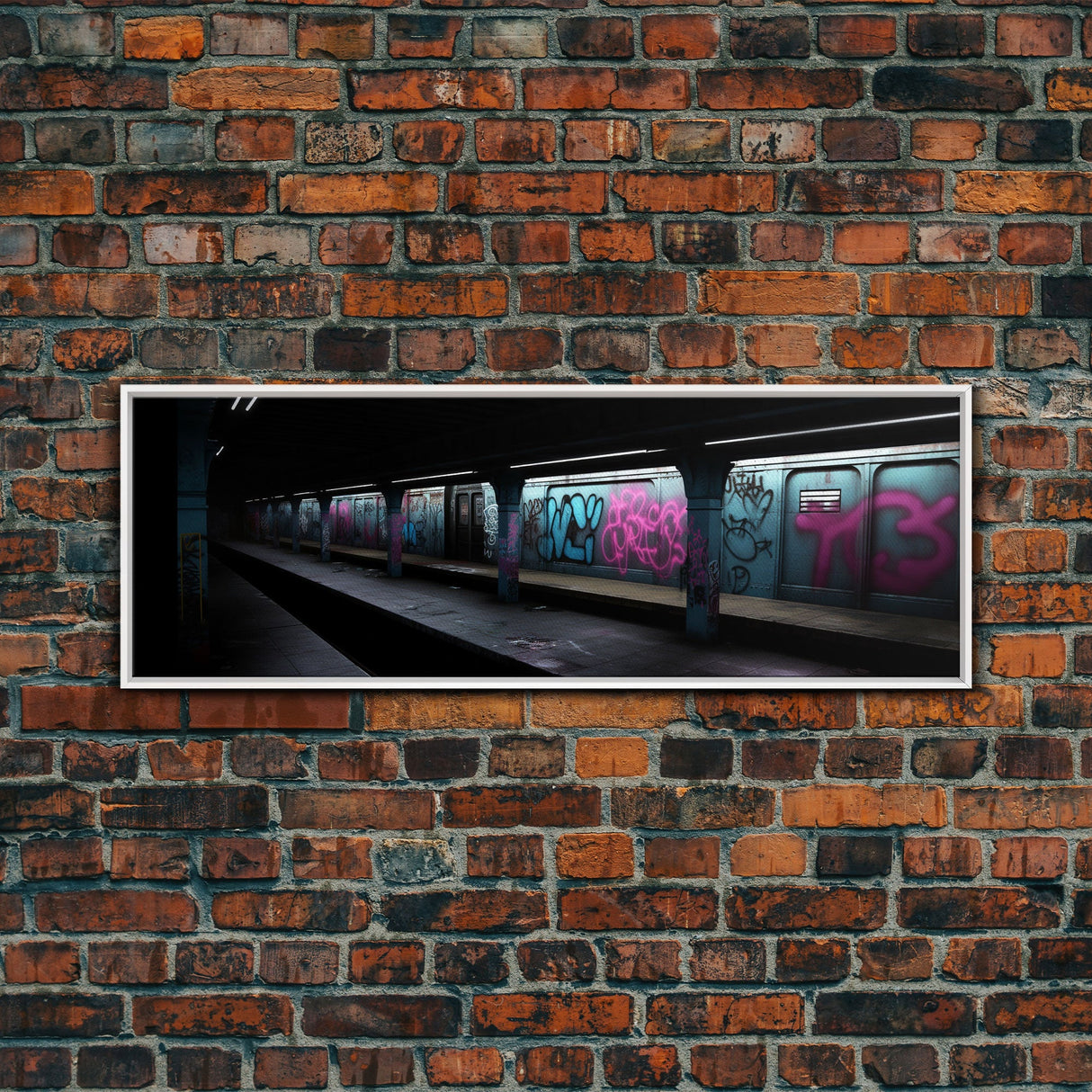 Urban Art, Graffiti On Subway Train, Pink And Teal Graffiti Art Canvas, Wall Decor Framed Canvas Print, Panoramic, Wall Art, Canvas Print