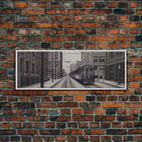 Streetcar Urban Art Print, Purple Train, Perspective Art, City Art, Urban Canvas Print, Panoramic, Wall Art, Canvas Print