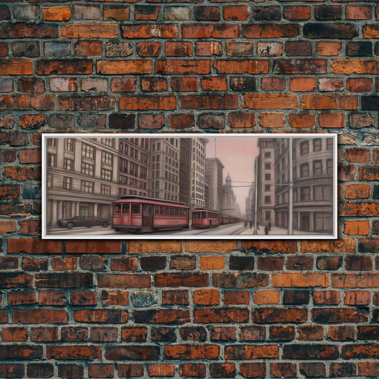 Colored Pencil Streetcar Urban Art Print, Red Train, Tram In The City, Sketch Art, City Art, Urban Print, Panoramic, Wall Art, Canvas Print