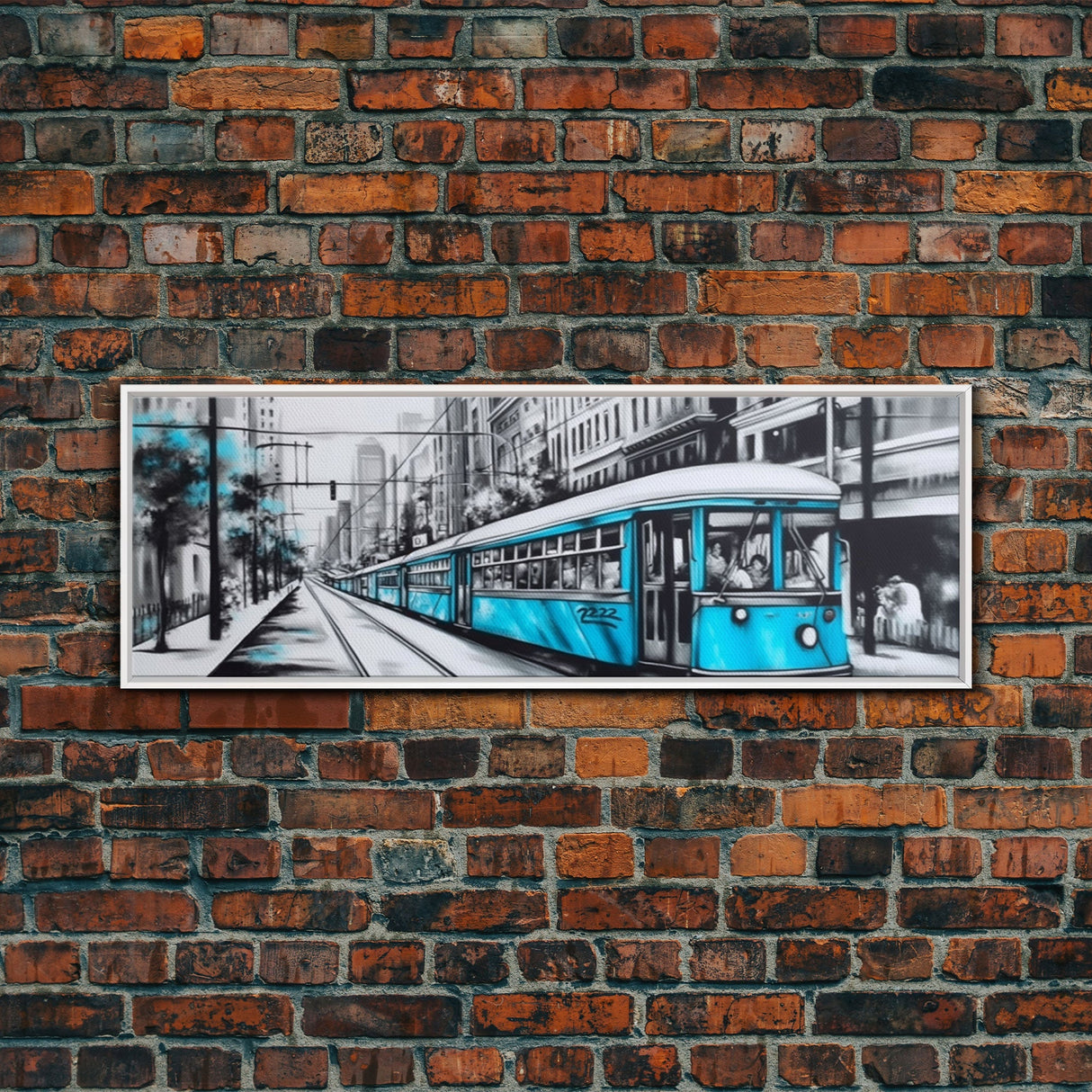 Teal Train, Tram In The City, Urban Art Painting, Large Mixed Media Art, Streetcar Print, City Art, Panoramic, Wall Art, Canvas Print