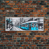 Teal Train, Tram In The City, Urban Art Painting, Large Mixed Media Art, Streetcar Print, City Art, Panoramic, Wall Art, Canvas Print