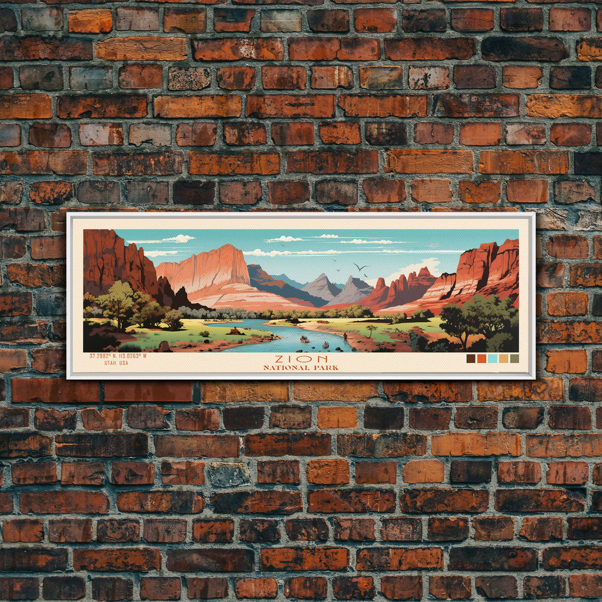 Zion National Park Panoramic Utah Travel Art, National Park Print, Minimalist Travel Art, Midcentury Modern Style Landscape