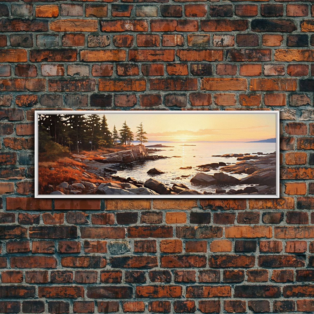 Watercolor Panoramic Acadia National Park Horizontal Framed Canvas Print, Extra Large Art, Large Wall Art, Landscape Paintin