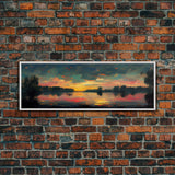 Cool Sunset Over The Lake, Ready To Hang Canvas Print, Panoramic Art, Lakehouse Wall Decor, Lake House Art, Beach House Art