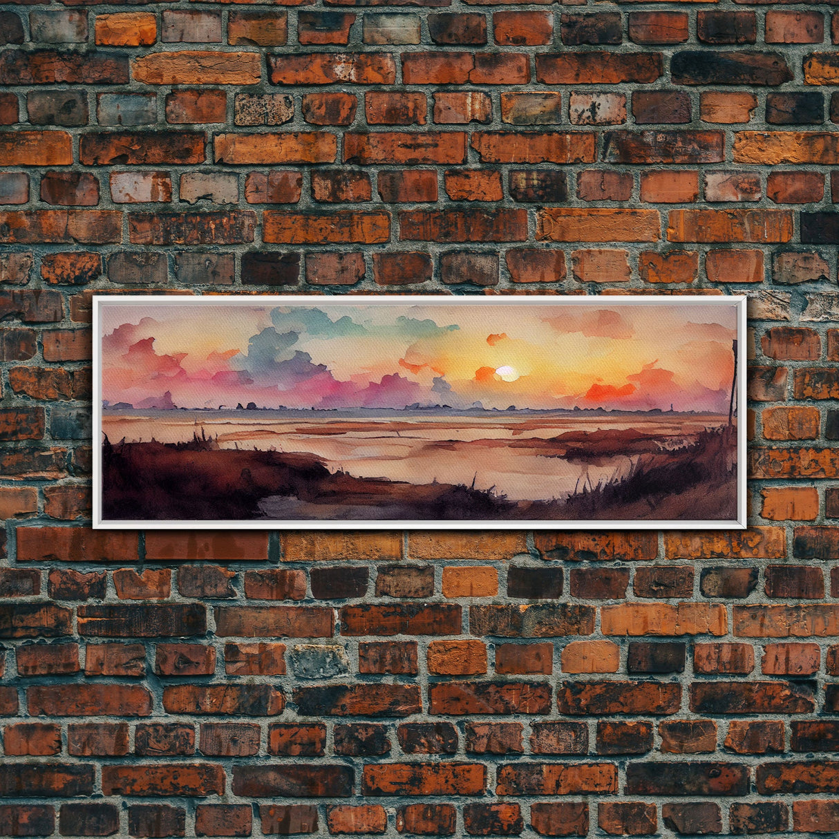 Watercolor Landscape Painting Print, Ready To Hang Panoramic Canvas Print, Whimsical Water Color Sunset, Hazy Smoky Sky, Huge Wall Art