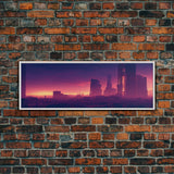 Cyberpunk Cityscape, Ready To Hang Canvas Print, Panoramic, Cyberpunk Concept Art, Cityscape at Sunset, Cool mancave art, Purplewave