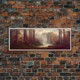 Hazy Forest Fantasy Art, Ready To Hang Canvas Print, Panoramic Art, Fog Covered Forest High Fantasy RPG Concept Art