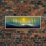 Foggy Forest, UFO Sighting, Ready To Hang Canvas Print, Panoramic Art, Scifi Wall Art