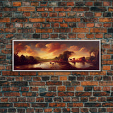 Prehistoric Abstract Landscape Art, Ready To Hang Canvas Print, Panoramic Art, Dinosaurs At Sunset