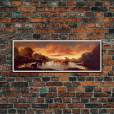 Prehistoric Dinosaur Abstract Landscape Art, Ready To Hang Canvas Print, Panoramic Art, Dinosaurs At Sunset