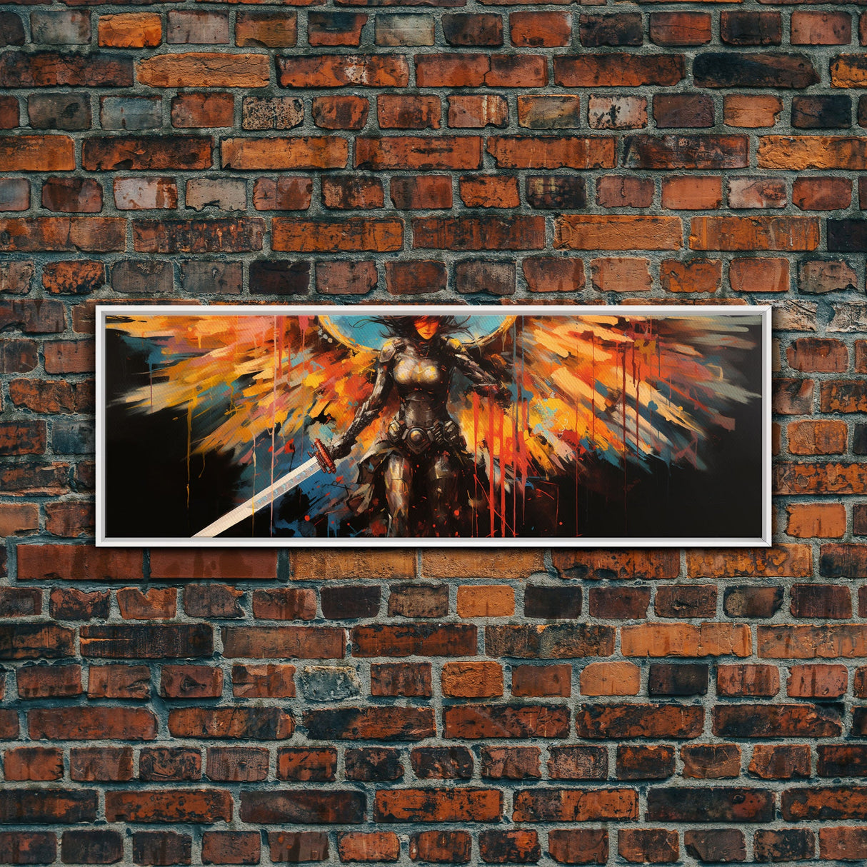 The Battle Angel, Framed Canvas Print, Game Room Art, Panoramic Painting, Panoramic Wall Art, Extra Large Wall Art