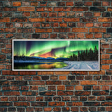 Aurora Borealis, Northern Lights Panoramic Framed Canvas Print, Beautiful Winter Wonderland Landscape Painting