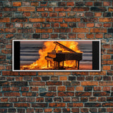 Burning Piano On The Beach, Surreal Art, Framed Canvas Print, Panoramic Wall Art