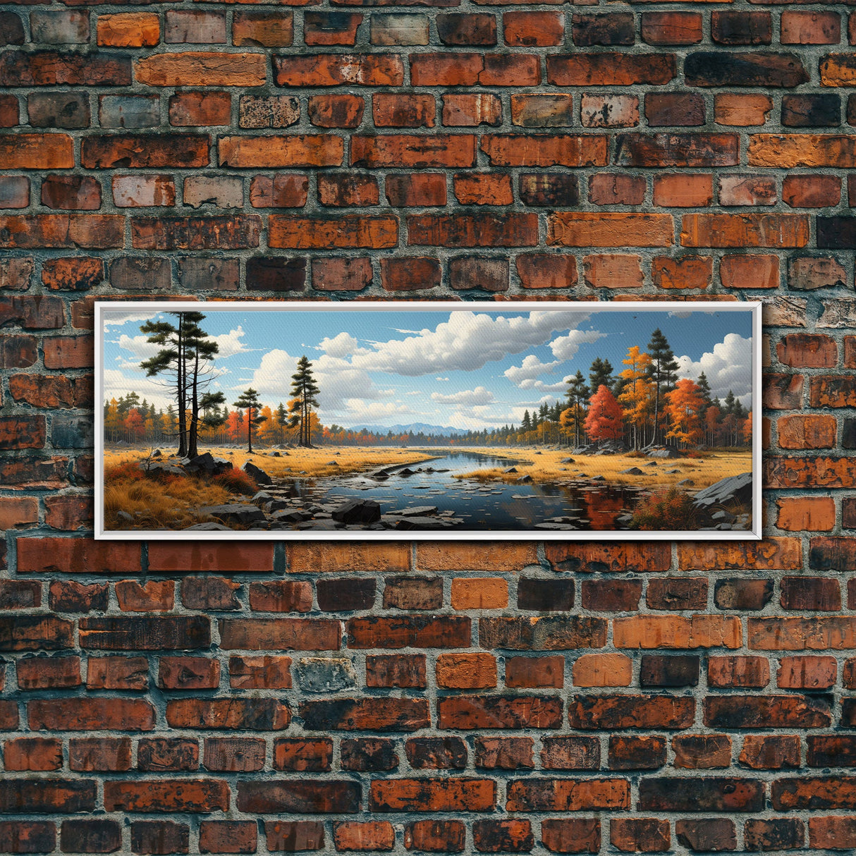 Panoramic Autumn Landscape Painting Framed Canvas Print, Large Wall Art, Fall Centerpiece, Above Fireplace Living Room Art, Mantle Art