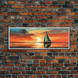 Nautical Decor, Beach Decor, Navy Decor, Coastal Decor, Sailboat At Sunset Framed Canvas Print, Ship Art, Lakehouse Decor, MCM Art