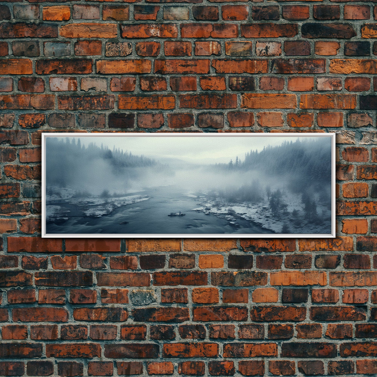 Panoramic Winter Scene Canvas Print, Winter Stream Drone Shot Bird's Eye View, Rustic Winter Centerpiece Wall Art, Panoramic Art