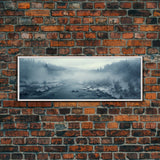 Panoramic Winter Scene Canvas Print, Winter Stream Drone Shot Bird's Eye View, Rustic Winter Centerpiece Wall Art, Panoramic Art