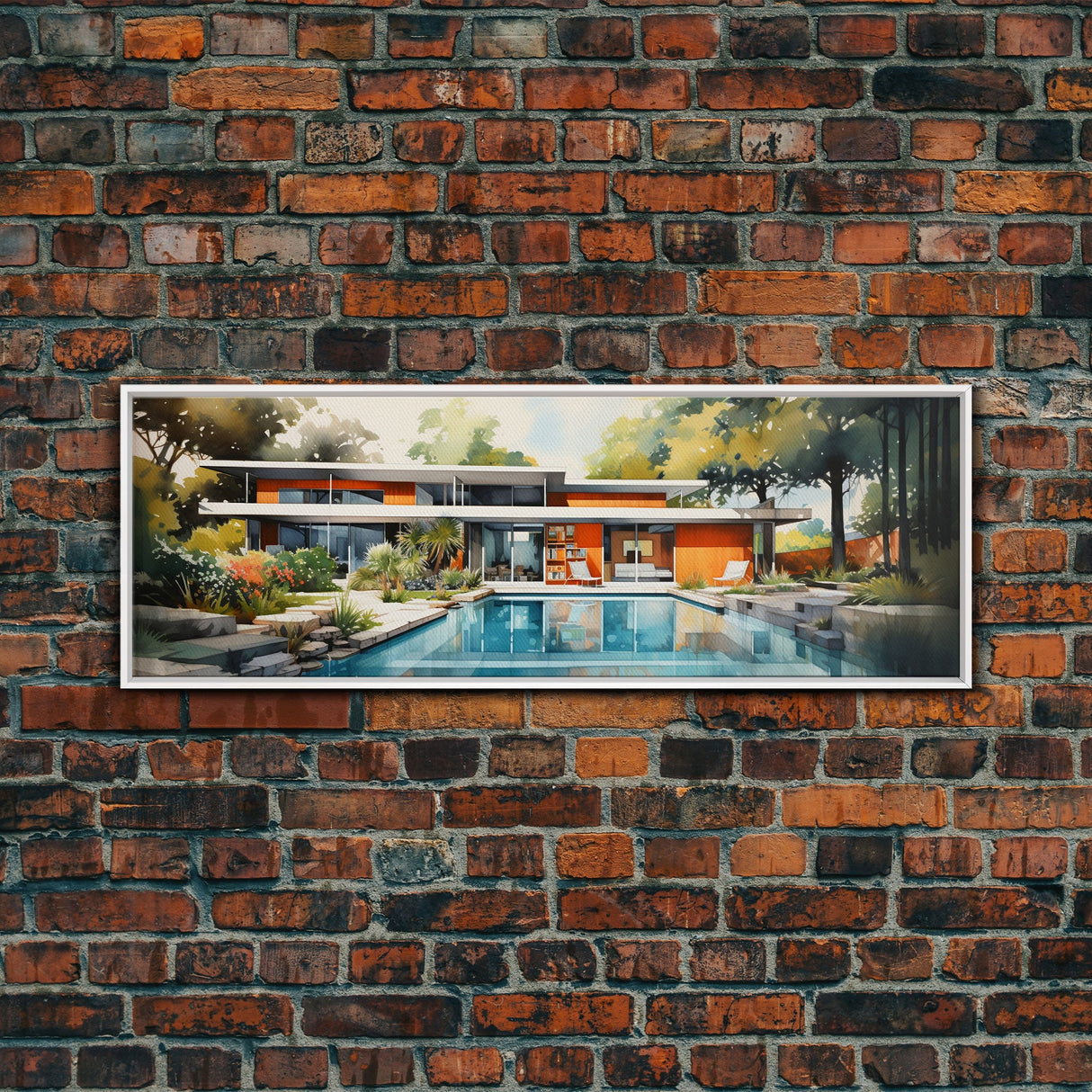 Midcentury Modern Architecture Wall Art, Framed Canvas Print, 50s Style Home Decor, Retro Art, MCM Wall Hanging, Panoramic Art