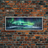 Panoramic Aurora Borealis Wall Art, Framed Canvas Print, Snowy Winter Landscape Painting, Winter Centerpiece Wall Art