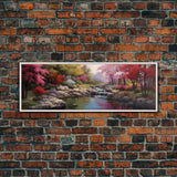 Panoramic Landscape Print Of A Tranquil Spring Stream, Framed Canvas Print, Original Landscape Oil Painting, Guest Room Decor