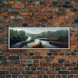 Log Floating Down A River, Extra Large Wall Art, Framed Panoramic Canvas Print, Framed Wall Decor