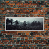 Haunted Cemetery Halloween Art, Extra Large Wall Art, Framed Panoramic Canvas Print, Framed Wall Decor