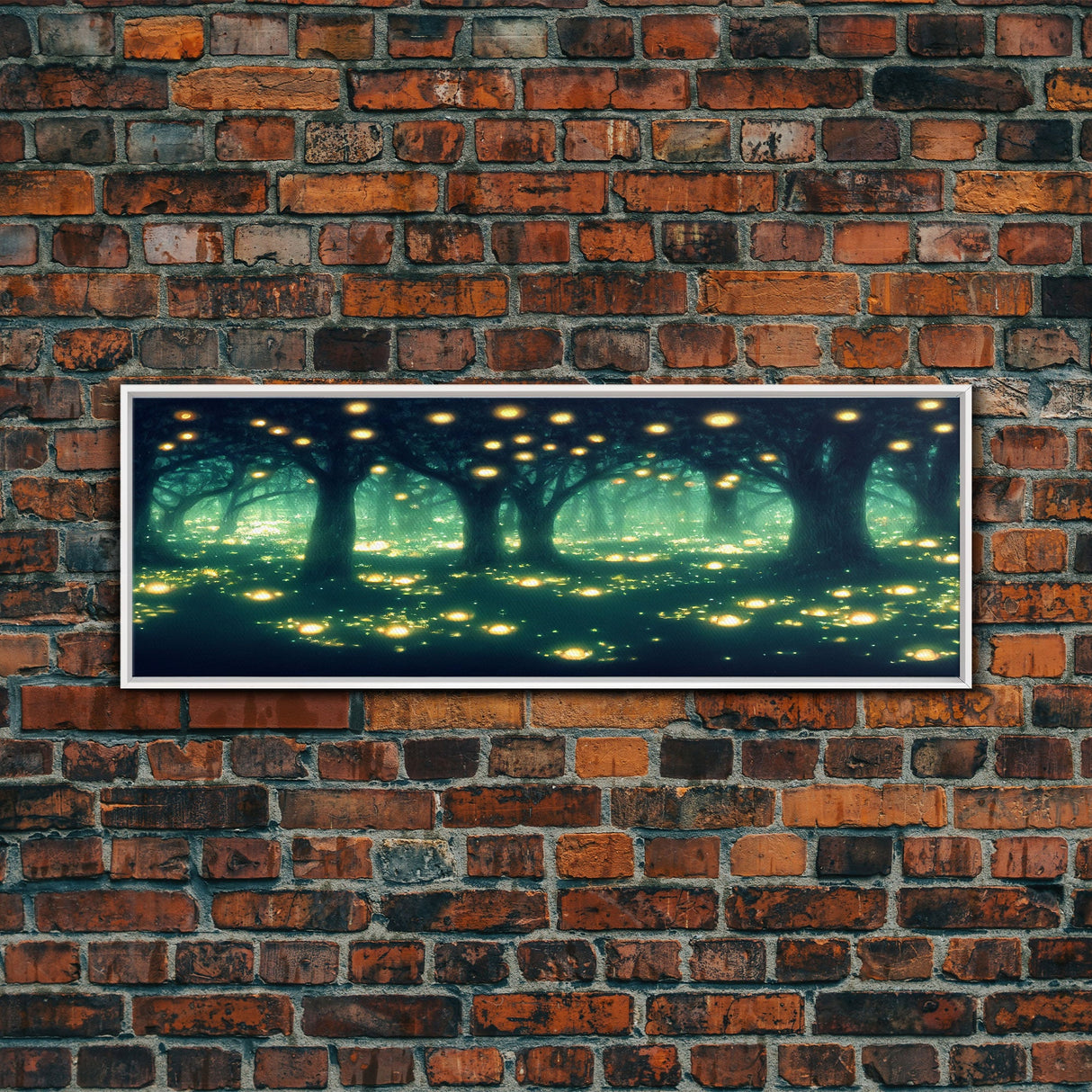 Fantasy Forest At Night With Fireflies, Extra Large Wall Art, Framed Panoramic Canvas Print, Framed Wall Art