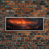 The Burning City Panoramic Canvas Print, Framed Halloween Art, Spooky Decor, Halloween Art, Halloween Wall Art, Halloween Art Print