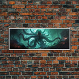 Rise Of Cthulhu Framed Canvas Print, Panoramic Call of Cthulhu H.P. Lovecraft Cosmic Horror Steampunk Gothic Darrk Art Wall Decor