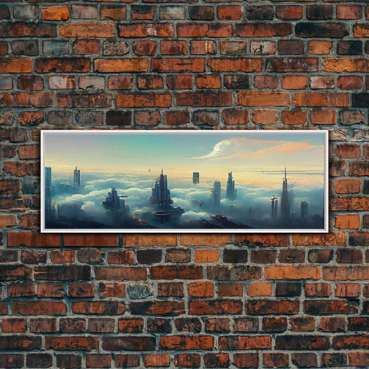 Cyberpunk City Above The Clouds, Futuristic Metropolis, Extra Large Wall Art, Framed Panoramic Canvas Print, Framed Wall Decor