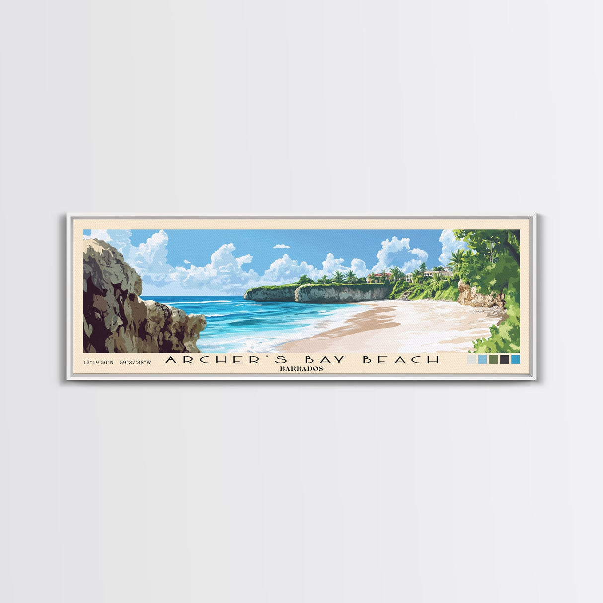 Archer’s Bay Beach, Barbados Panoramic Beach Print, Vacation Gift, Barbados Wall Art, Framed Canvas Print, Framed Beach Painting