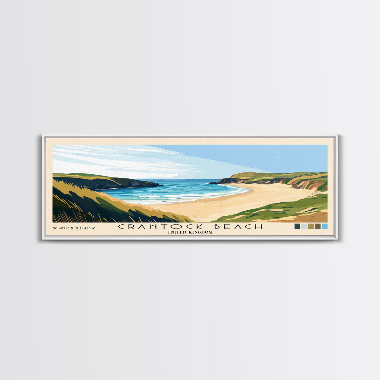 Crantock Beach, United Kingdom Panoramic Beach Print, Vacation Gift, United Kingdom Wall Art, Framed Canvas Print, Framed Beach Painting