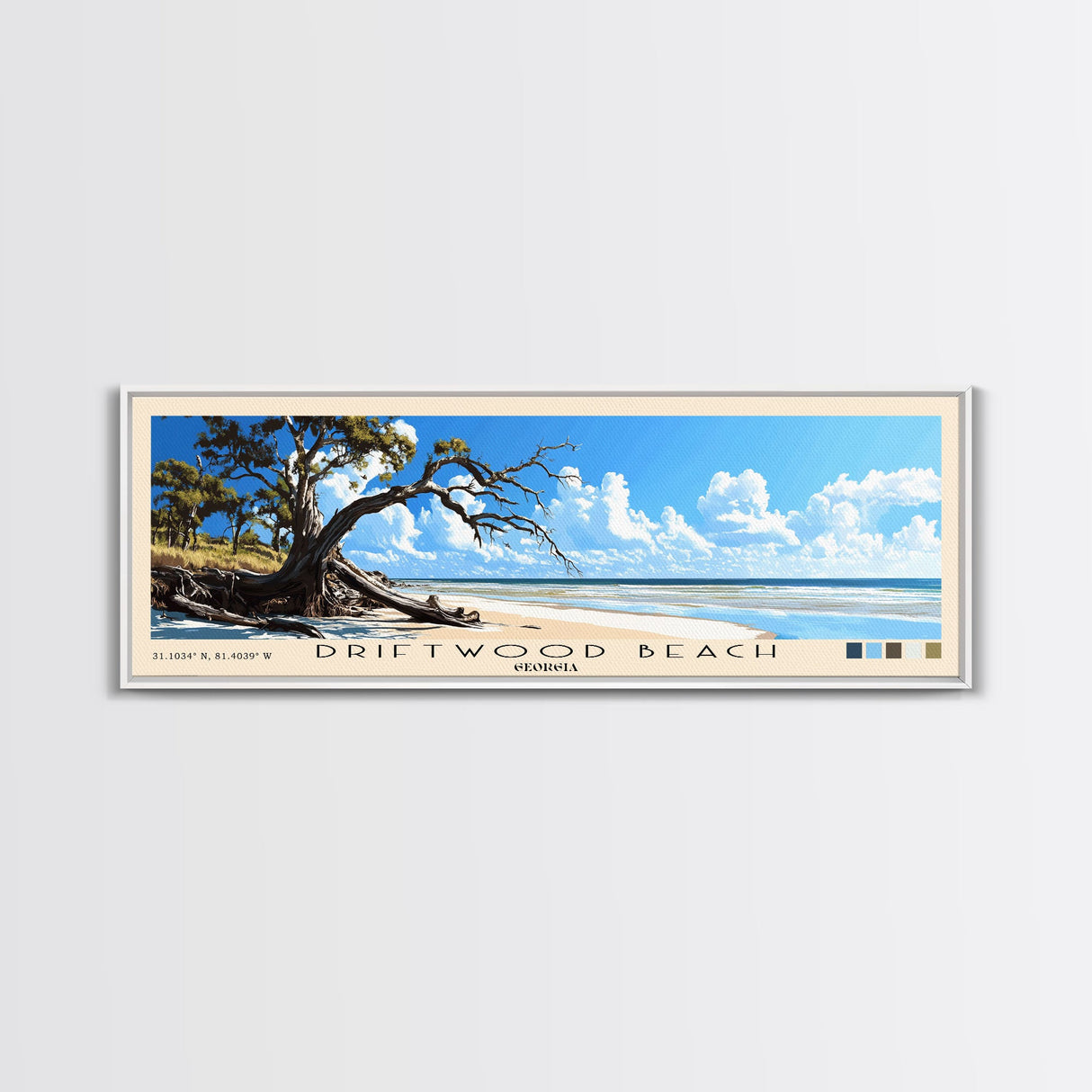 Driftwood Beach, Georgia Panoramic Beach Print, Vacation Gift, Georgia Wall Art, Framed Canvas Print, Framed Beach Painting