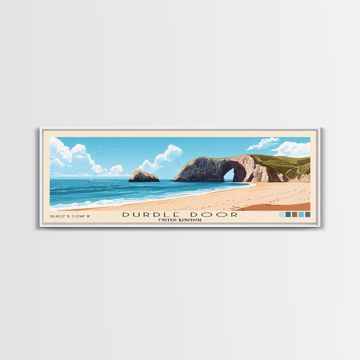 Durdle Door, United Kingdom Panoramic Beach Print, Vacation Gift, United Kingdom Wall Art, Framed Canvas Print, Framed Beach Painting