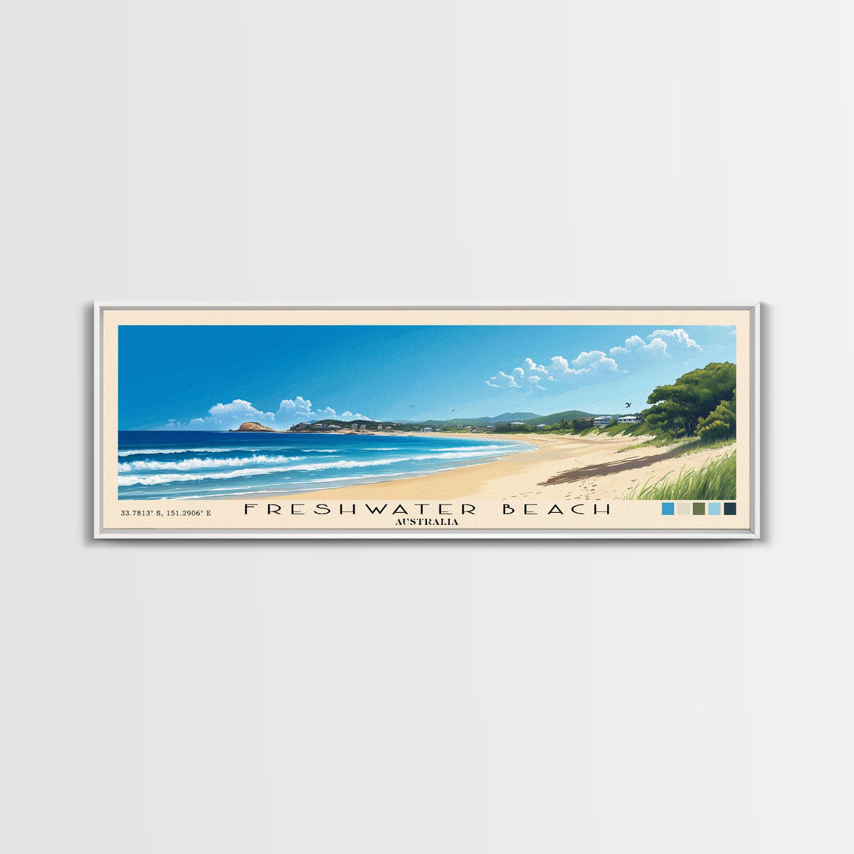 Freshwater Beach, Australia Panoramic Print, Vacation Gift, Australia Wall Art, Beach Painting, Beach Decor, Large Wall Art, Wood Frame Art