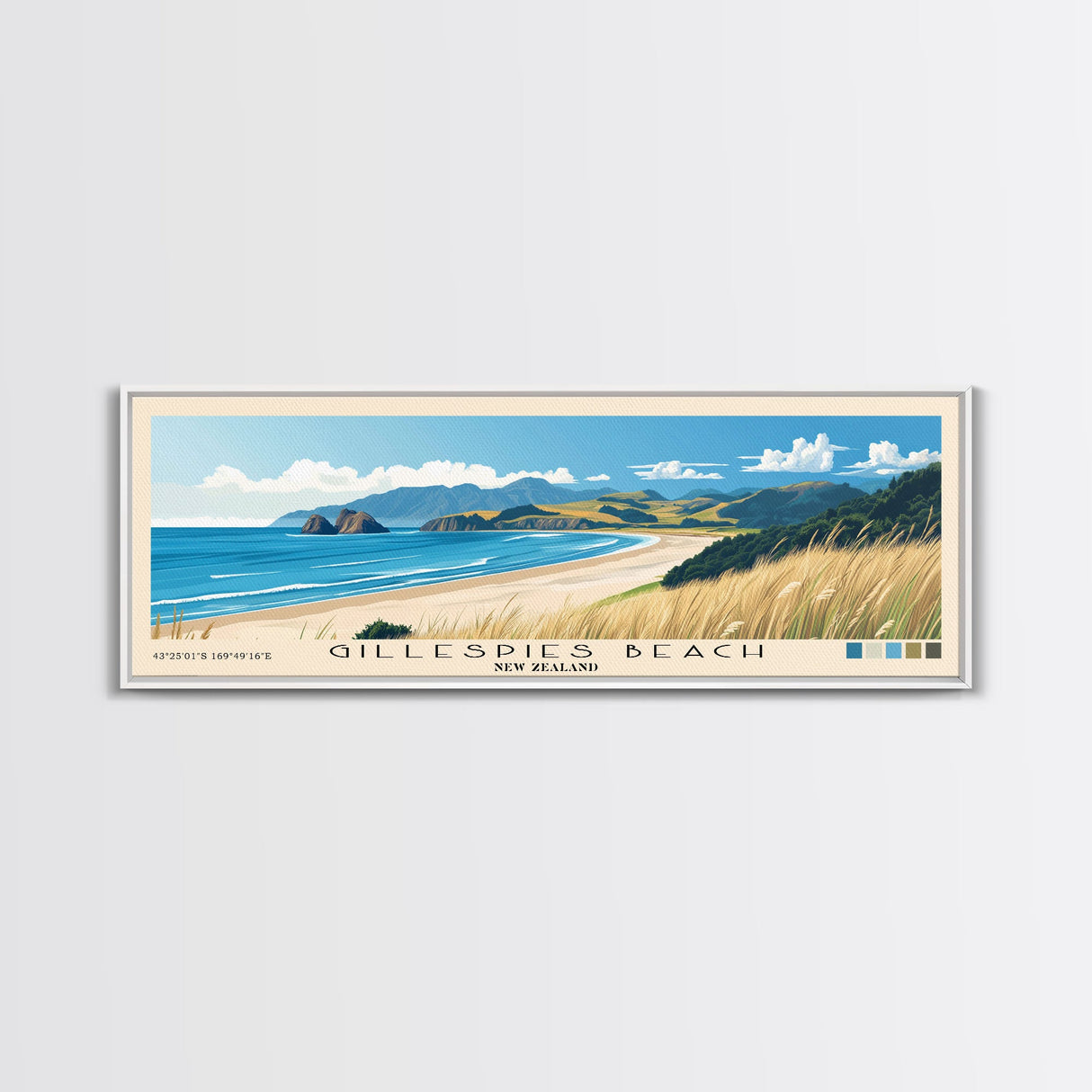 Gillespies Beach, New Zealand Panoramic Beach Print, Vacation Gift, New Zealand Wall Art, Framed Canvas Print, Framed Beach Painting