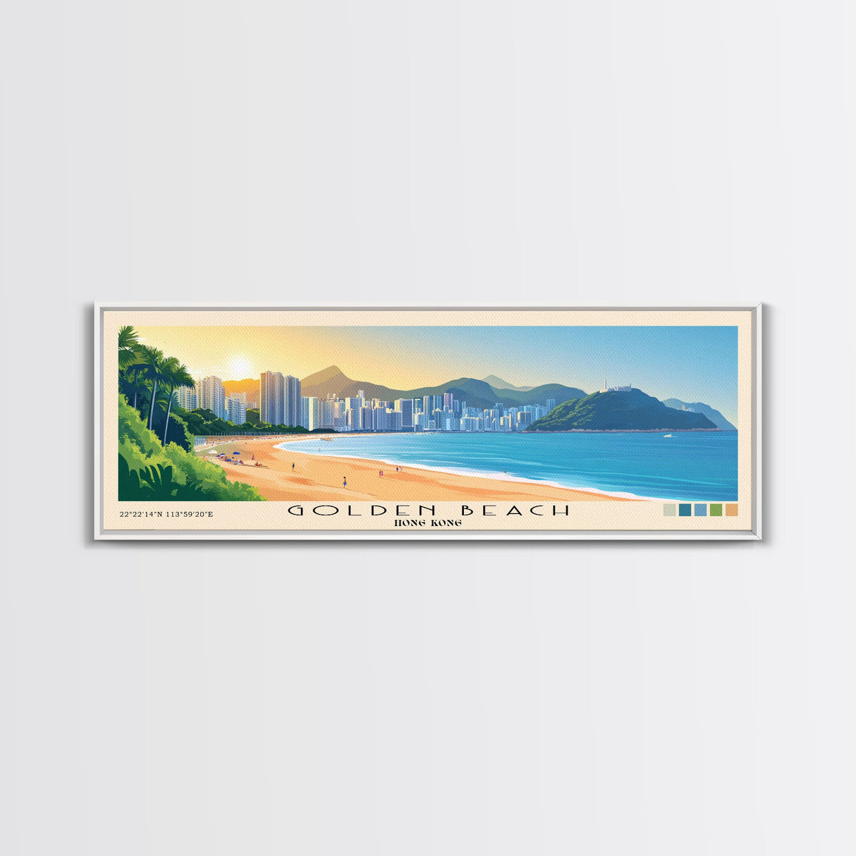 Golden Beach, Hong Kong Panoramic Beach Print, Vacation Gift, Hong Kong Wall Art, Beach Painting, Beach Decor, Beach Painting