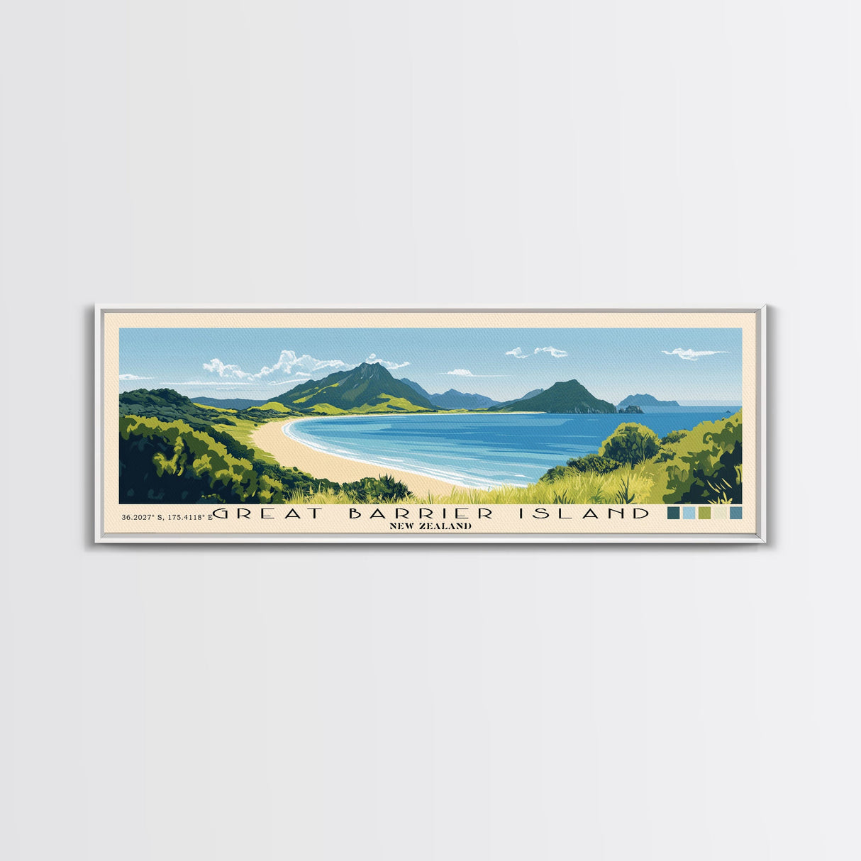 Great Barrier Island, New Zealand Panoramic Print, Vacation Gift, New Zealand Wall Art, Beach Painting, Beach Decor, Large Wall Art, Wood Frame Art