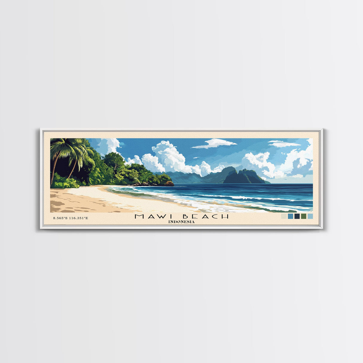 Mawi Beach, Indonesia Panoramic Beach Print, Vacation Gift, Indonesia Wall Art, Framed Canvas Print, Framed Beach Painting