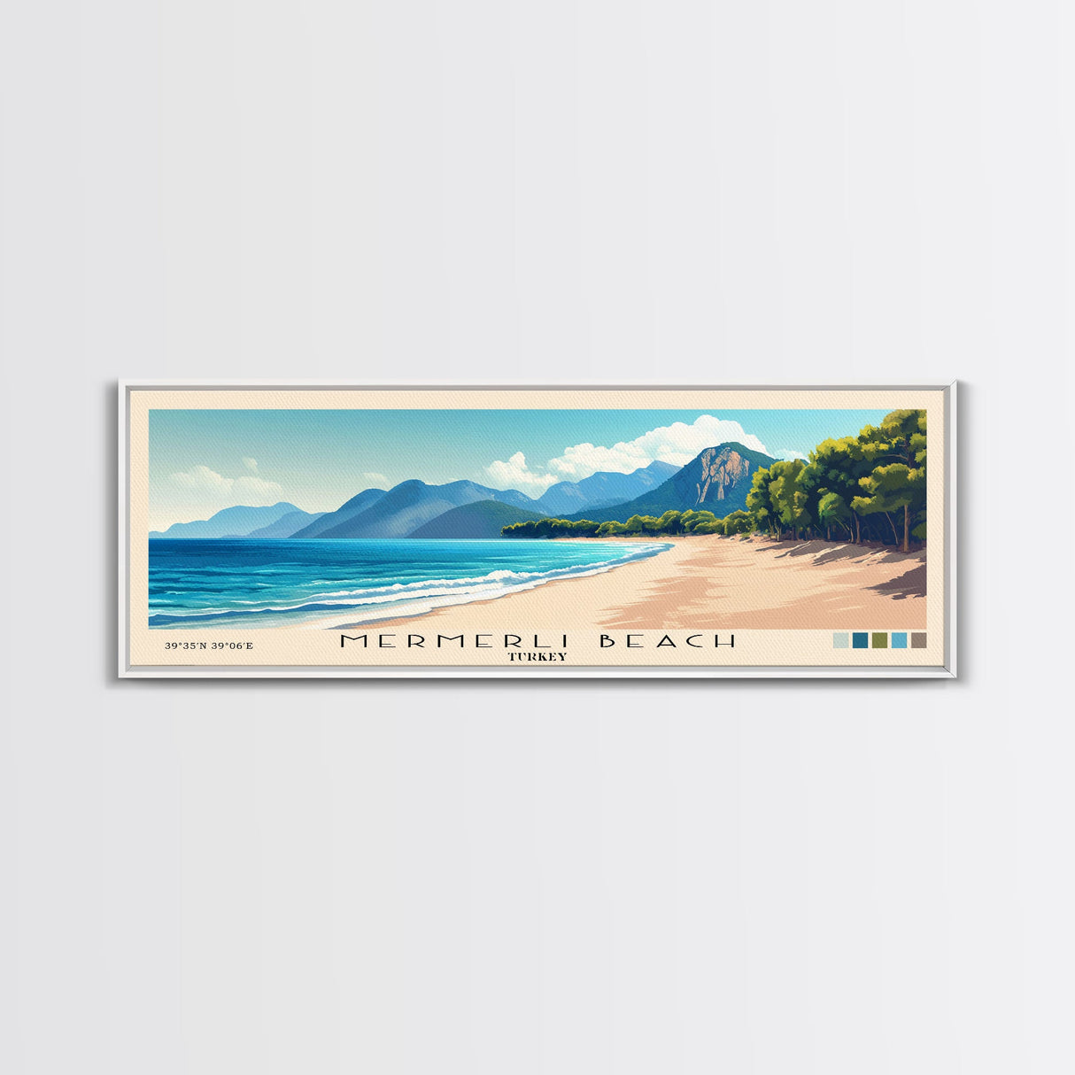 Mermerli Beach, Turkey Panoramic Beach Print, Vacation Gift, Turkey Wall Art, Framed Canvas Print, Framed Beach Painting