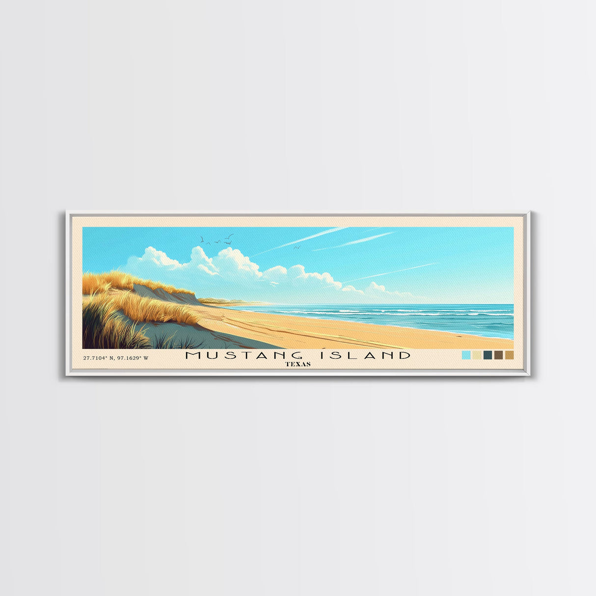 Mustang Island, Texas Panoramic Beach Print, Vacation Gift, Texas Wall Art, Beach Painting, Beach Decor, Beach Painting