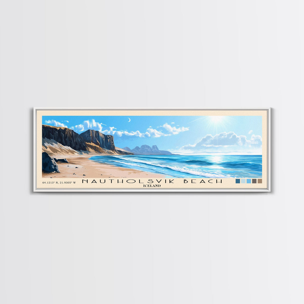 Nautholsvik Beach, Iceland Panoramic Print, Vacation Gift, Iceland Wall Art, Beach Painting, Beach Decor, Large Wall Art, Wood Frame Art