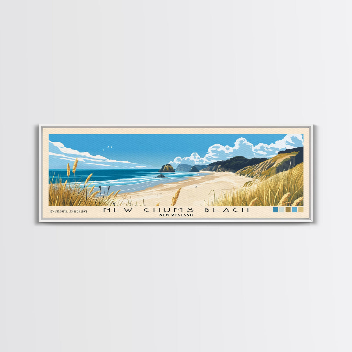 New Chums Beach, New Zealand Panoramic Print, Vacation Gift, New Zealand Wall Art, Beach Painting, Beach Decor, Beach Or Lakehouse Art