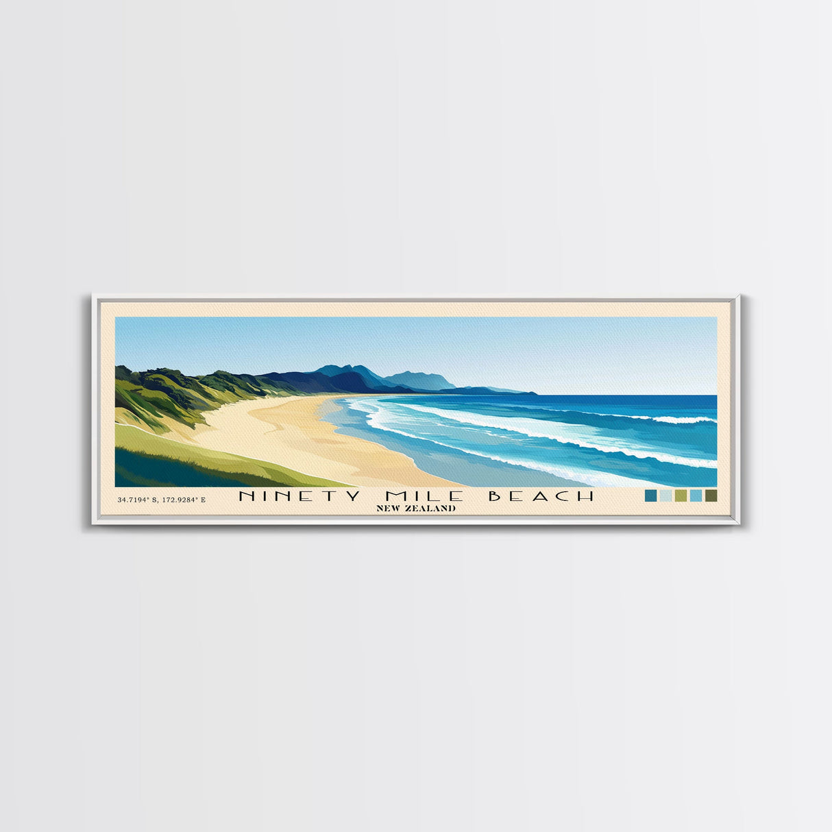 Ninety Mile Beach, New Zealand Panoramic Print, Vacation Gift, New Zealand Wall Art, Beach Painting, Beach Decor, Beach Or Lakehouse Art