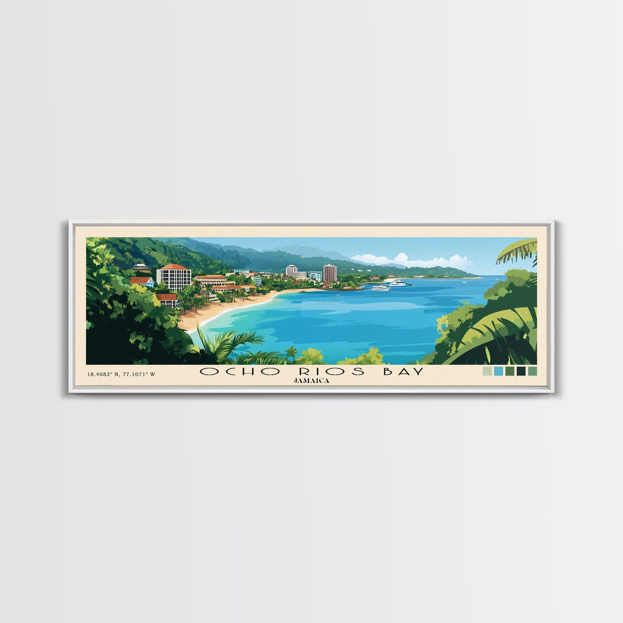 Ocho Rios Bay, Jamaica Panoramic Print, Vacation Gift, Jamaica Wall Art, Beach Painting, Beach Decor, Large Wall Art, Wood Frame Art