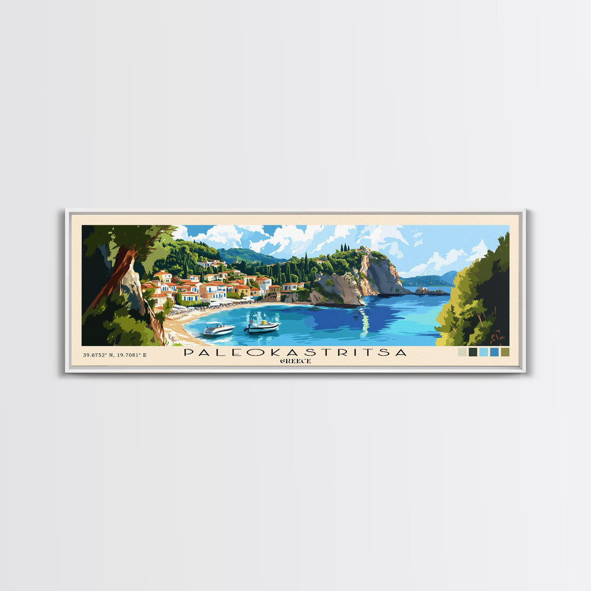 Paleokastritsa, Greece Panoramic Beach Print, Vacation Gift, Greece Wall Art, Framed Canvas Print, Framed Beach Painting