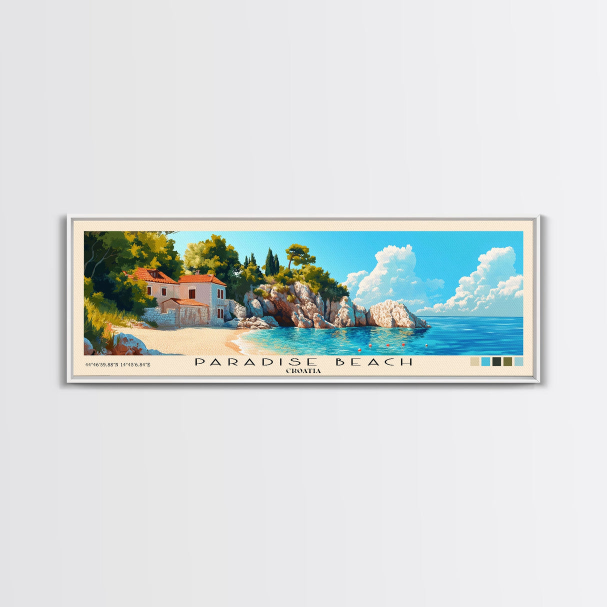 Paradise Beach, Croatia Panoramic Print, Vacation Gift, Croatia Wall Art, Beach Painting, Beach Decor, Large Wall Art, Wood Frame Art