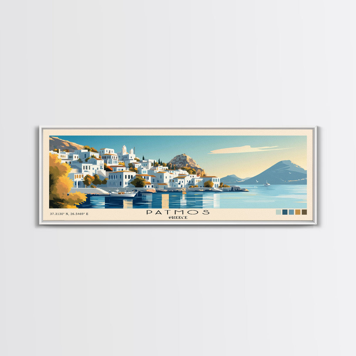 Patmos, Greece Panoramic Beach Print, Vacation Gift, Greece Wall Art, Beach Painting, Beach Decor, Beach Painting